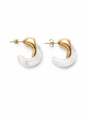 Gold White Resin Crescent Hoop Earrings, Sculptural Marble Hoops